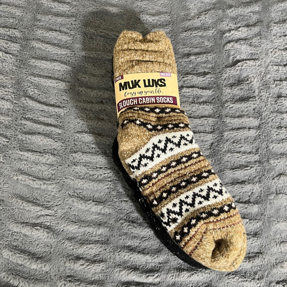 Muk Luks 2 Pack Slouch Cabin Socks Brown Fairisle Black Faux Fur Lined OS 6-10